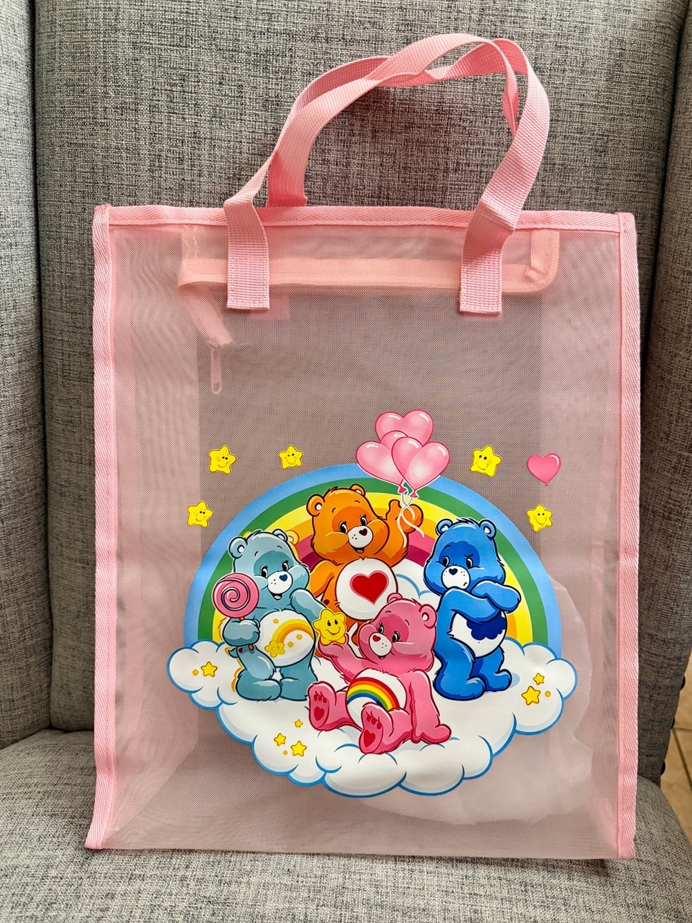 Care Bears Pink Mesh Tote Bag with Rainbow Bear Artwork